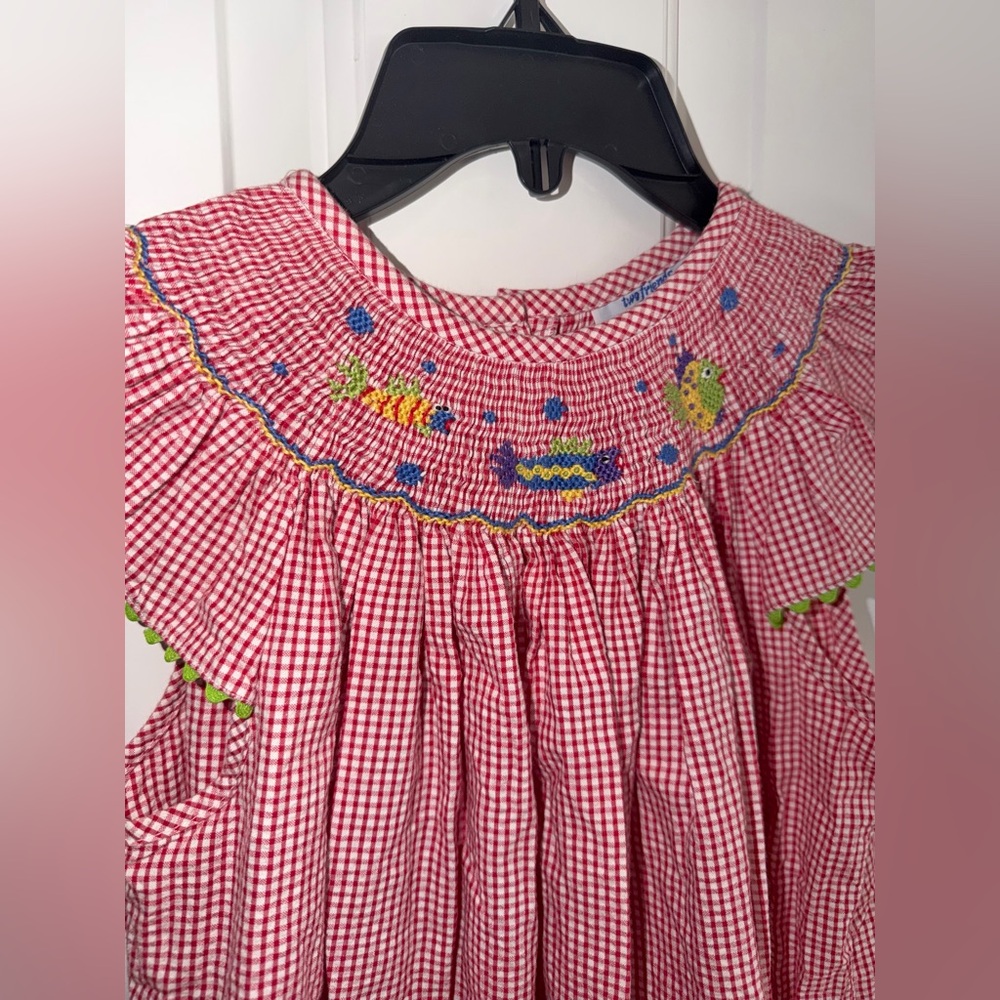 Two Friends Red Gingham Smocked Bishop Dress With Fish Embroidery Size 8